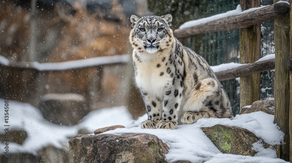 Fototapeta premium Snow Leopard in Snowy Zoo Enclosure