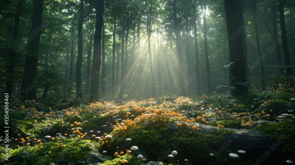 Fototapeta premium Sunlight streams through a misty forest floor, illuminating tiny mushrooms