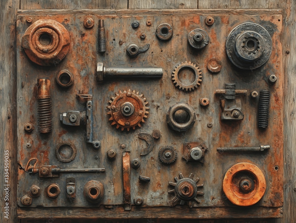 Assemblage of rusted machine parts on wood. Assemblage of rusted machine parts on wood.