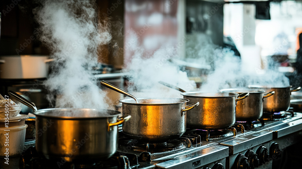 vibrant kitchen scene with multiple pots simmering on stove, creating warm and inviting atmosphere filled with steam vibrant kitchen scene with multiple pots simmering on stove, creating warm and inviting atmosphere filled with steam