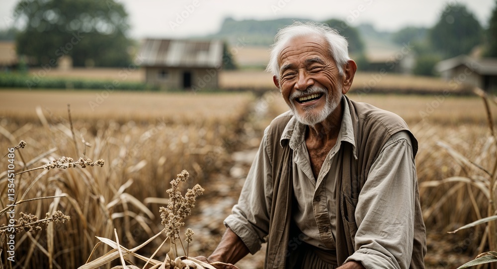 Joyful elderly farmer in village field rustic contentment photography model Joyful elderly farmer in village field rustic contentment photography model