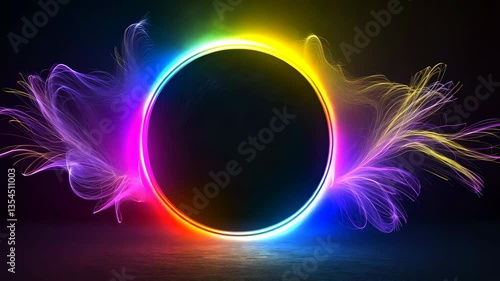 A circle with rainbow light around it, on a simple black background. v4