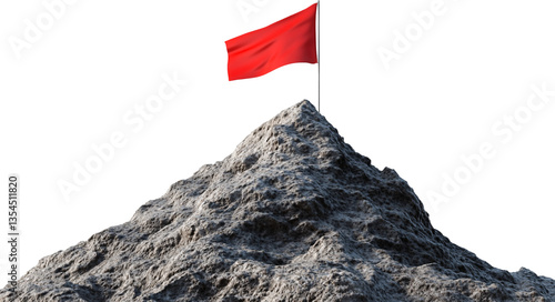 Red flag on top of a mountain, isolated against a transparent background