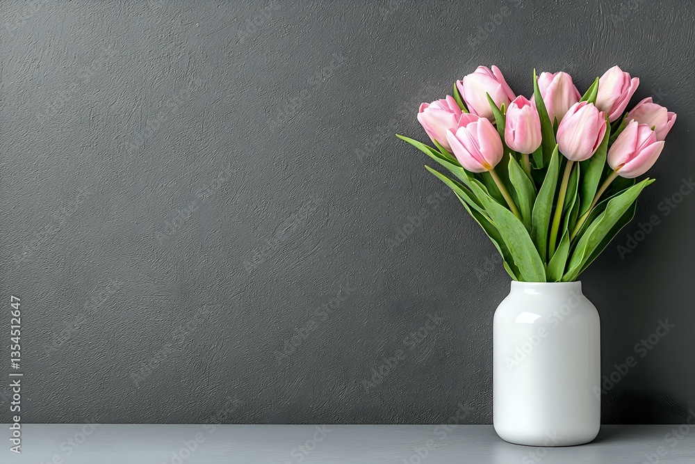 Fototapeta premium Fresh pink tulips in white ceramic vase against dark gray textured wall on light surface, minimalist spring floral arrangement with copy space for text.