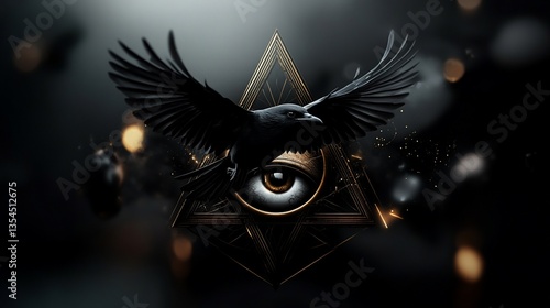 Mysterious Raven soaring before an Illuminati Pyramid Eye, enigmatic design