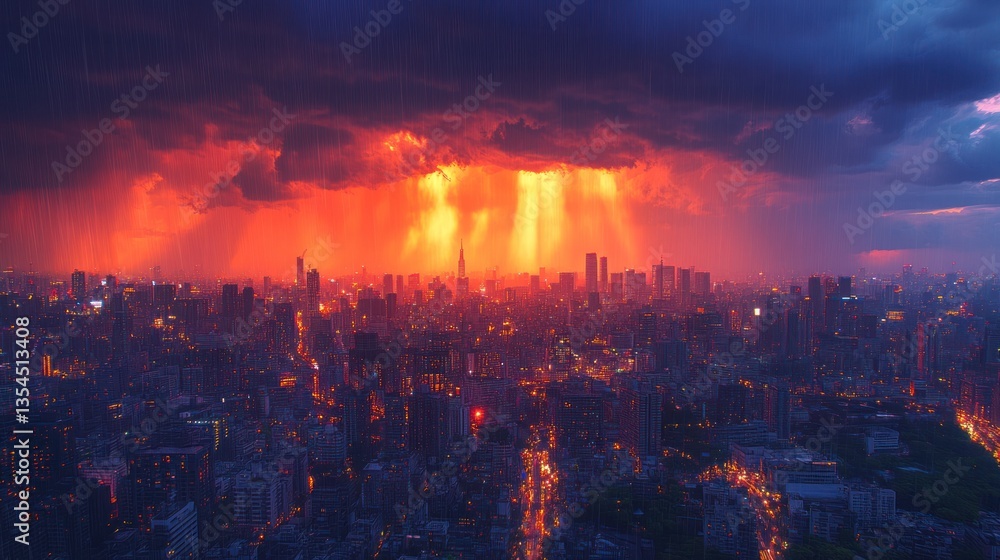 Obraz premium Fiery Cityscape Under a Dramatic Storm