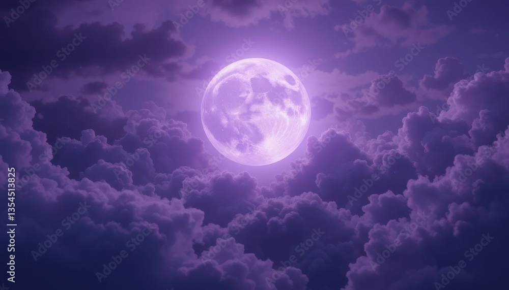 Fototapeta premium Lavender Moon Ethereal Night Sky, Purple Clouds, Glowing Celestial Body