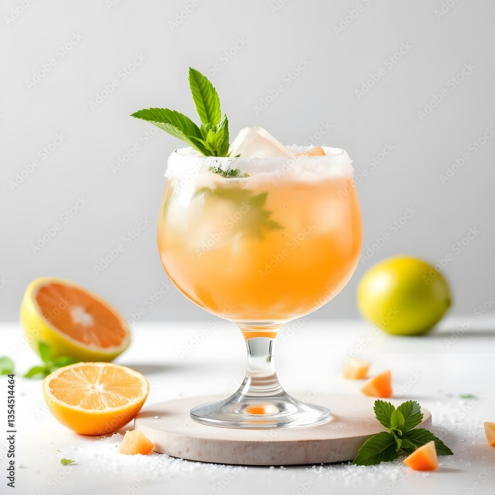 Fototapeta premium Refreshing Citrus Cocktail with Mint Garnish and Tropical Vibes on White Background