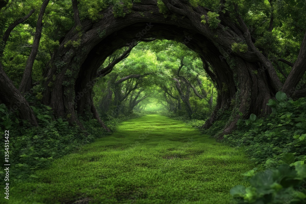Obraz premium Lush, verdant forest path, enveloped by arching trees, leading into a mysterious light