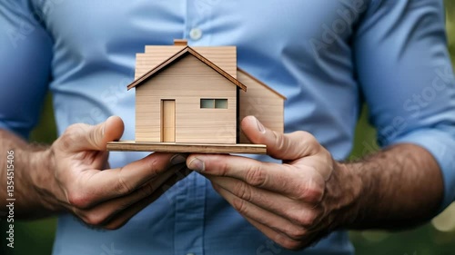 A real estate agent holding a wooden house model in his hand with a blurred background. v4