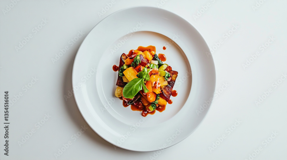 Top view of a white plate with a colorful vegetable dish and basil garnish on a white background Top view of a white plate with a colorful vegetable dish and basil garnish on a white background