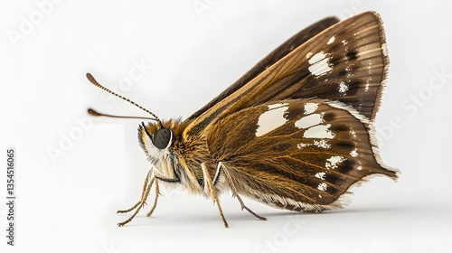 16. A small silver-spotted skipper butterfly with brown and white markings, gently resting on a white background