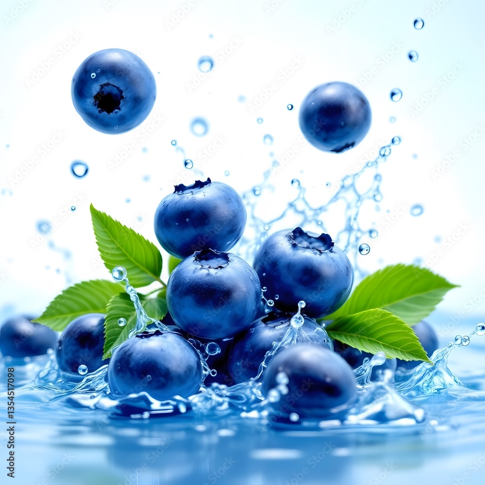 Fresh Blueberries Splashing in Water with Green Leaves on Light Background Fresh Blueberries Splashing in Water with Green Leaves on Light Background
