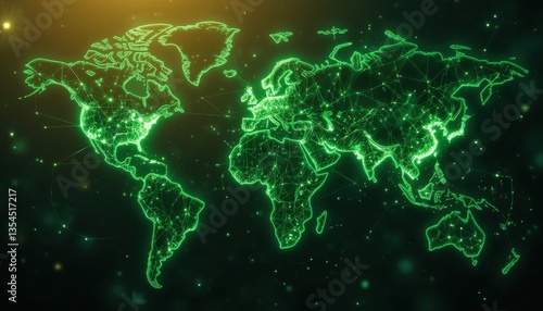 Futuristic Green Global Network Illuminated World Map Showing Interconnections