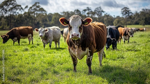 Wallpaper Mural Close up of Stud Beef bulls, cows and calves grazing on grass in a field, in Australia. breeds of cattle include speckle park, murray grey, angus, brangus and wagyu on pasture in spring and summer. Torontodigital.ca