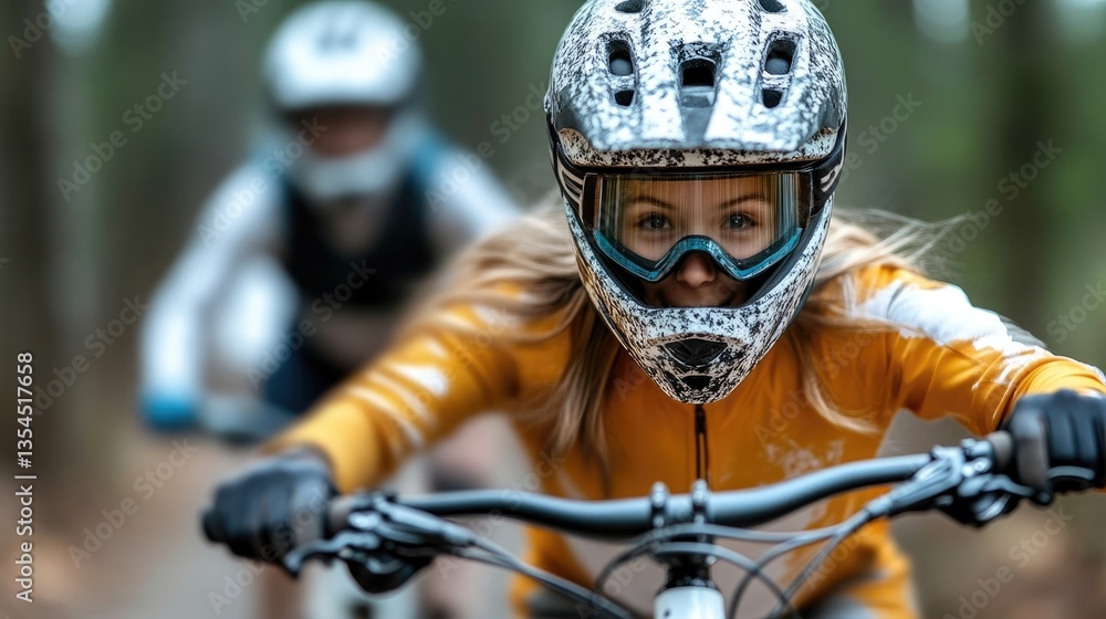 Naklejka premium Two young mountain bikers, focused and engaged, navigating a forest trail