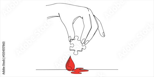 puzzle piece a single continuous line drawing illustrates a hand holding a puzzle piece, about to place it into a drop of blood. This symbolic design represents the vital role of blood donation.