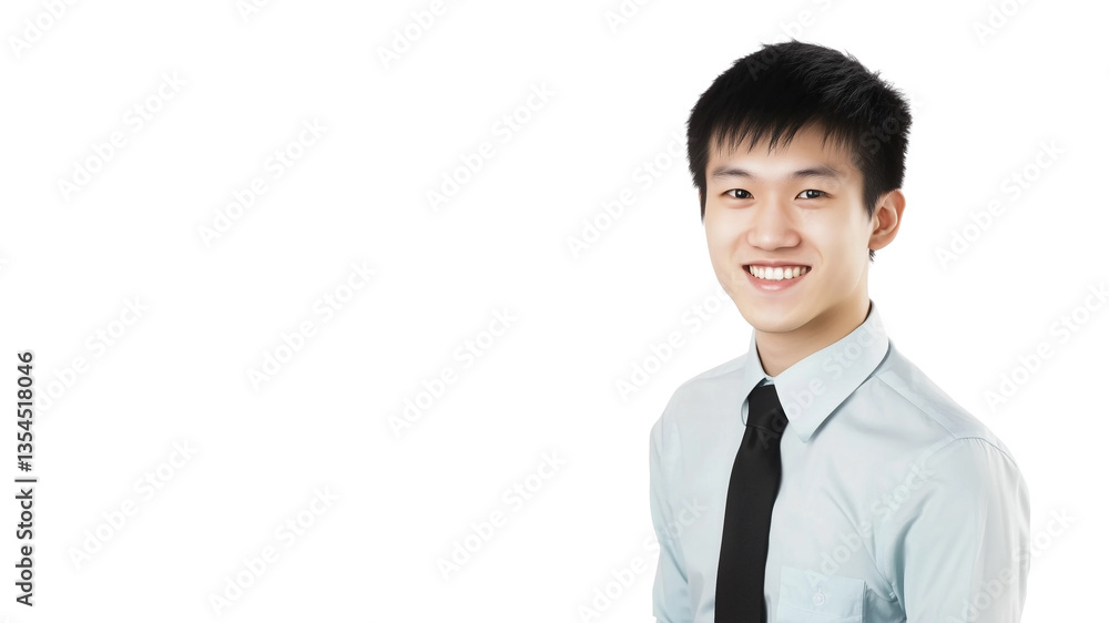 Asian businessman stands,smiling and confident,business concept,copy space,white banner,Chinese. Asian businessman stands,smiling and confident,business concept,copy space,white banner,Chinese.