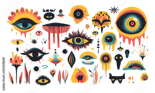 Psych grainy flat vector set, graphic colorful elements flat style, summer spring party, eyes, mushroom and nature, eye, surreal liquid stile