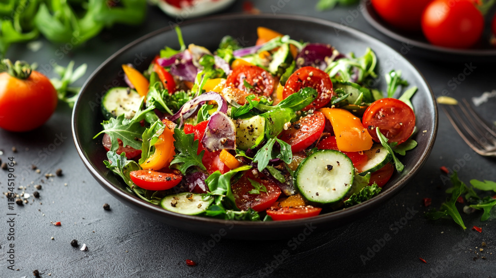 Close up of a colorful salad with tomatoes cucumbers and greens in a dark bowl on a dark surface Close up of a colorful salad with tomatoes cucumbers and greens in a dark bowl on a dark surface