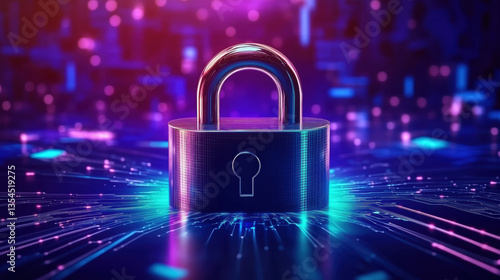 Cybersecurity chrome padlock surrounded by digital and holographic data streams, data protection, security concepts