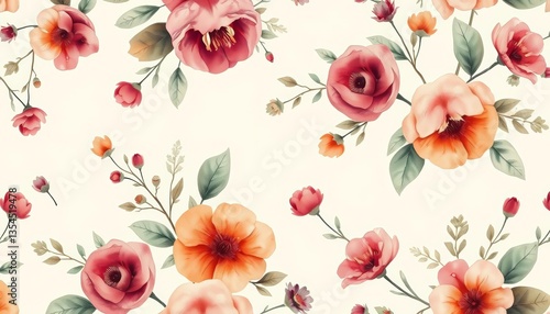 Wallpaper Mural Ivory background watercolor floral seamless pattern Vintage rustic style, abstract flowers, leaves, plants Hand-painted, textured print, pastel, texture Torontodigital.ca