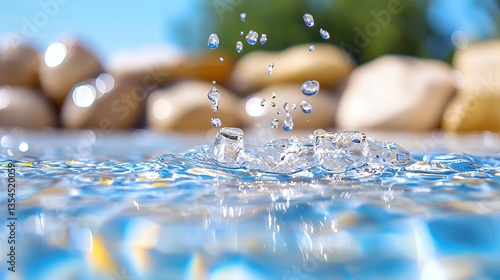 Water Drops Splashing with Reflection on Blue Surface with Natural Background