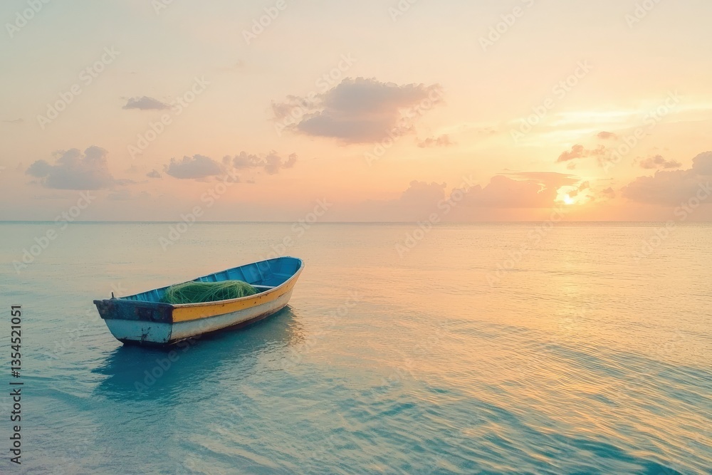 Fototapeta premium A small fishing boat at sunrise, casting nets, with the serene beauty of the ocean surrounding it, emphasizing peaceful maritime travel. 