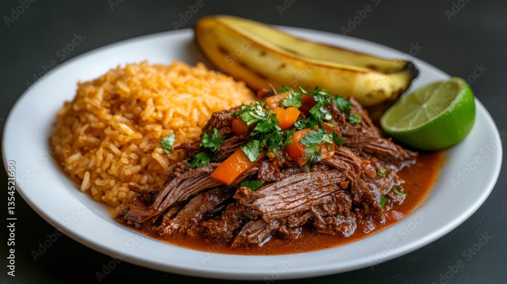 Fototapeta premium Cuban ropa vieja served with rice and fried plantains for a flavorful and comforting meal experience