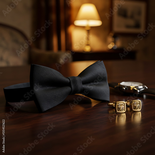 Elegant black bow tie and accessories on a wooden table  