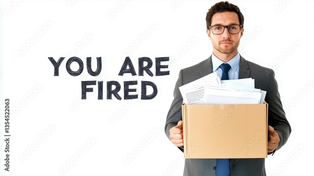 Unhappy businessman stands,box full of papers holding in hands,text Unhappy businessman stands,box full of papers holding in hands,text