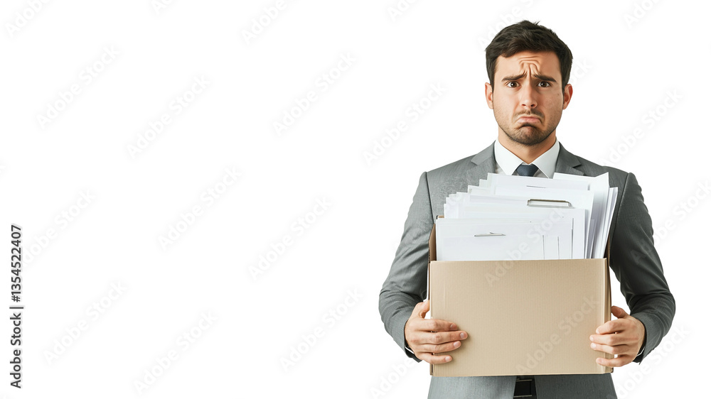 Unhappy businessman stands,box full of papers holding in hands,text Unhappy businessman stands,box full of papers holding in hands,text