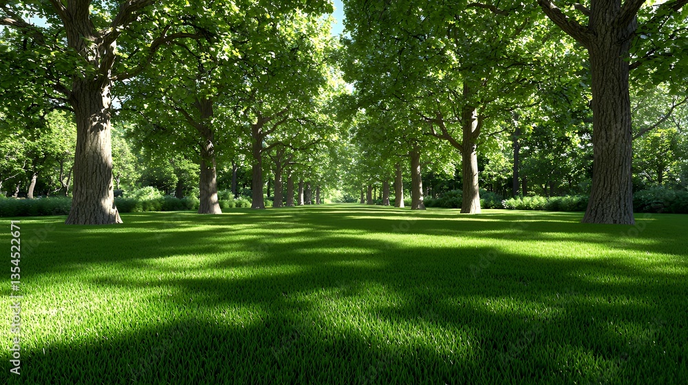 Obraz premium Lush Green Lawn with Tall Trees Creates a Shady Park Scene on a Sunny Day