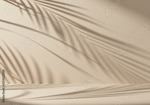 Shadow of palm leaves cast on a soft beige wall, creating a warm, fresh, aestetic, and minimal abstract background for product presentation.