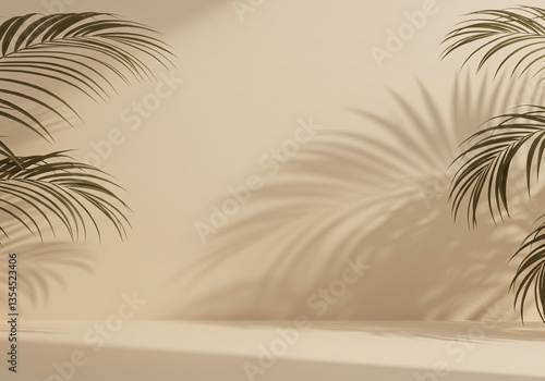 Shadow of palm leaves cast on a soft beige wall, creating a warm, fresh, aestetic, and minimal abstract background for product presentation.