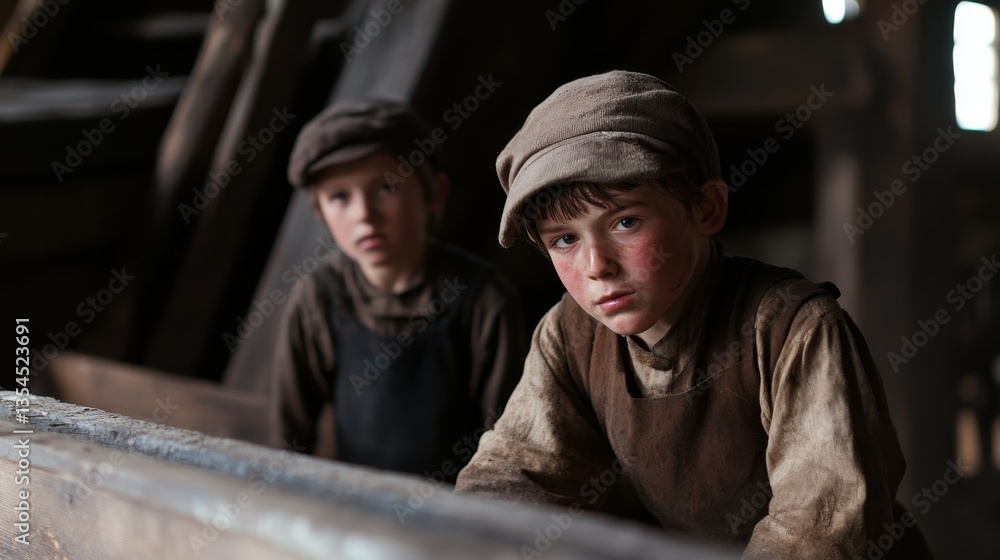 Children working in a rustic barn during the early 1900s capturing the essence of labor and childhood innocence Children working in a rustic barn during the early 1900s capturing the essence of labor and childhood innocence