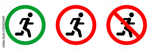 running man, fast moving forbidden red circle sign, green allowed round vector icon, 3 pictogram collection
