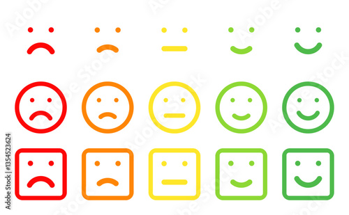 five different colors and moods smiles, round and squared vector icons set, social media post reactions, customer service feedback rating