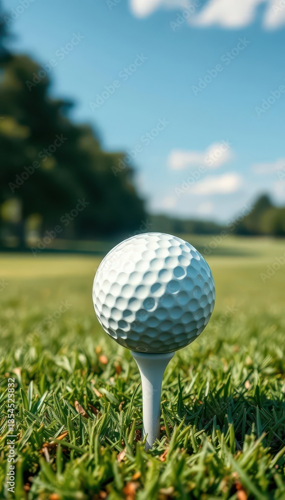 Close-up of a golf ball on a tee at a pristine golf course, top, success Close-up of a golf ball on a tee at a pristine golf course, top, success