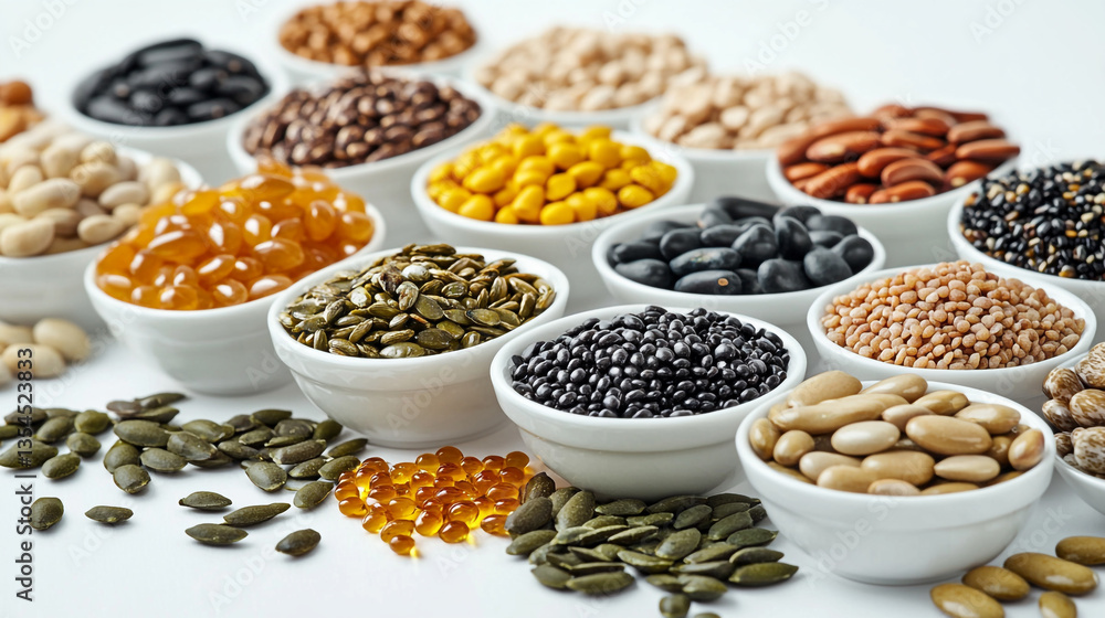 Fototapeta premium Assortment of beans seeds and nuts in small white bowls on a white surface in a studio shot