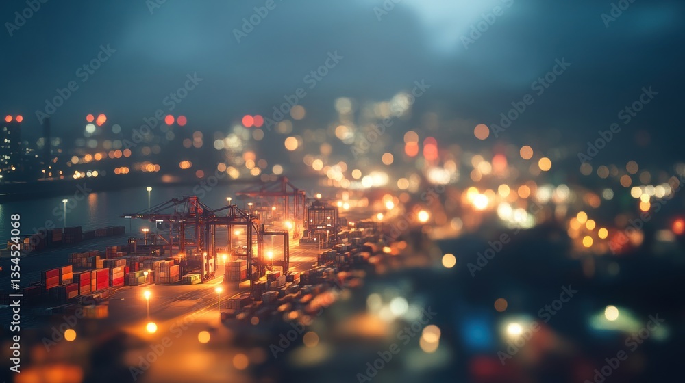 Obraz premium Blurred aerial view of a busy port at night with container ships and cranes.