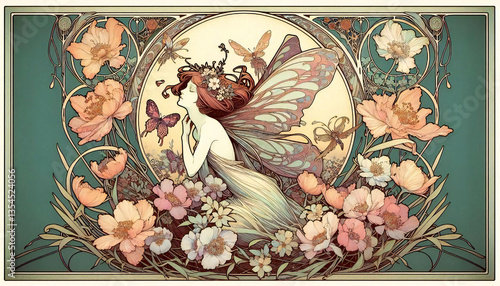 A decorative painting of flowers and a woman, generated by AI