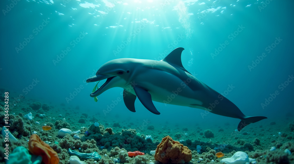 Obraz premium A heartbreaking underwater image of a dolphin swimming through polluted waters