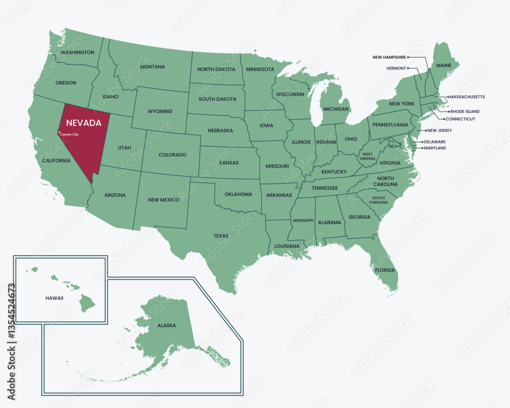 Fototapeta premium Editable isolated vector map of State of Nevada, United States of America, USA.