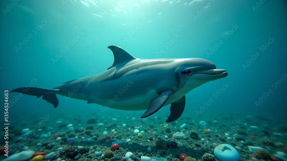 Naklejka premium A heartbreaking underwater image of a dolphin swimming through polluted waters
