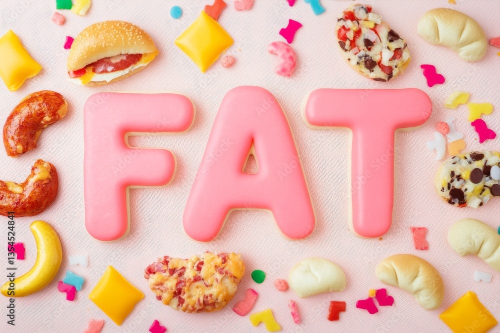 Naklejka premium Colorful dessert composition with playful sweets, pink frosted letters and assorted candies on pastel background