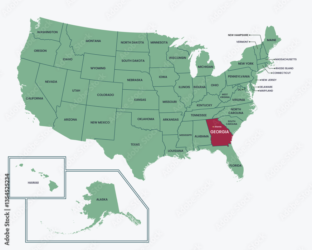 Obraz premium Editable isolated vector map of State of Georgia, United States of America, USA.