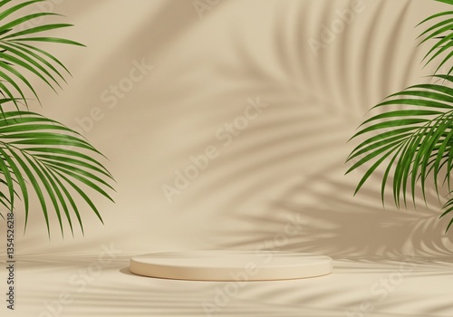 Shadow of palm leaves cast on a soft beige wall with podium, creating a warm, fresh, aestetic, and minimal abstract background for product presentation.
