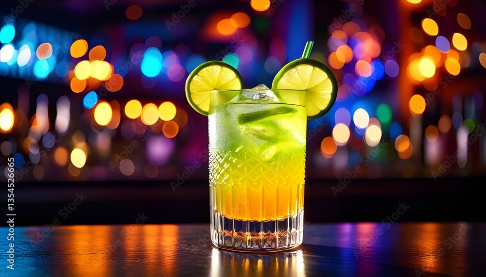 Vibrant cocktail with lime garnish in colorful bar setting Vibrant cocktail with lime garnish in colorful bar setting