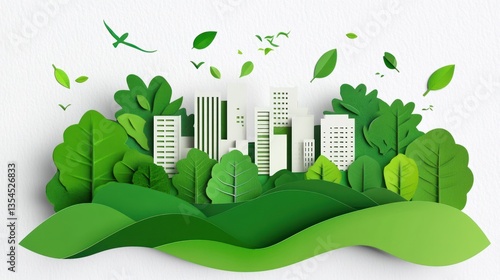 Eco-friendly city landscape, paper cut style, environmental concept, illustration